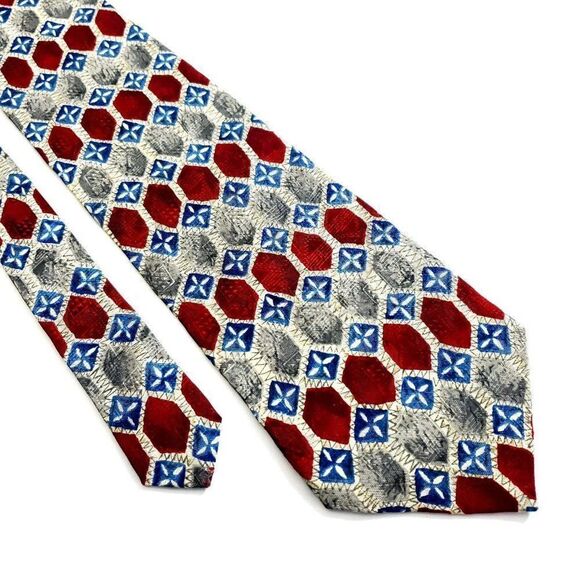 Preswick & Moore Tan Red Blue Geometric Print Wide Silk Tie - Picture 1 of 5